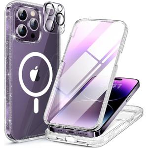 Miracase Magnetic for iPhone 14 Pro Case 6.1 inch, (Compatible with MagSafe) Upgrade Full-Body Clear Phone Bumper Case with Built-in 9H Tempered Glass Screen Protector, Magnetic Glitter Clear