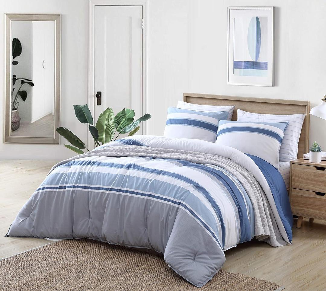 Nautica - Queen Comforter Set, Reversible Cotton Bedding with Matching Shams, Medium-Weight for Year Round Use, Oeko-Tex Certified (Trimmer Blue)