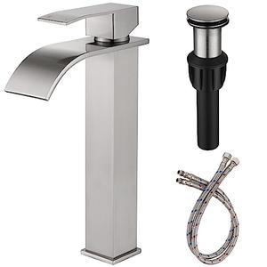 Rumose Vessel Sink Bathroom Faucet, Brushed Nickel Single Hole Waterfall Sink Faucets with Supply Hose and Pop Up Drain, Tall Waterfall Faucet for Bathroom Sink, JXM1221BN