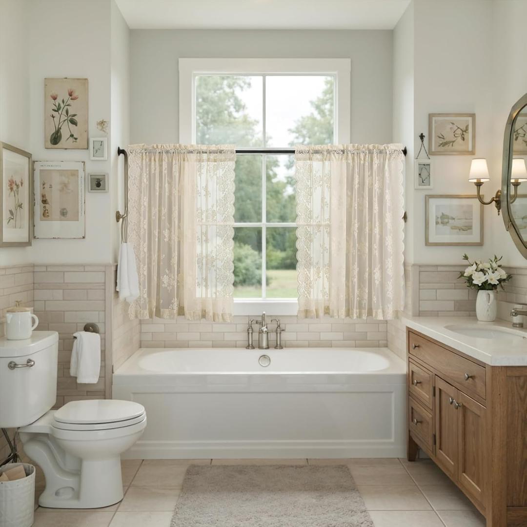 Kotile Beige Lace Curtains 54 Inch Length 2 Panels Set, Country Rustic Floral Patterned Vintage Short Lace Curtains for Bedroom, Rod Pocket Light Filtering Privacy Sheer Curtain, 42 x 54 Inch