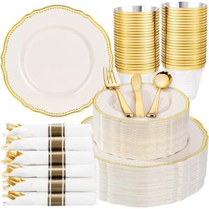 Hioasis 350pcs Ivory Gold Plastic Plates - Gold Plastic Dinnerware Set Includes 50 Dinner Plates, 50 Dessert Dinnerware, 50 Cups, 50 Napkins Perfect for Wedding & Party