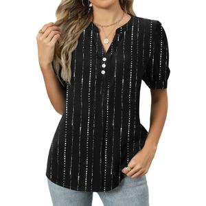 Kistore Women's Short Sleeve Tops Dressy Casual Business Work Blouses V Neck Chiffon Top Office Shirts (Black, XL)