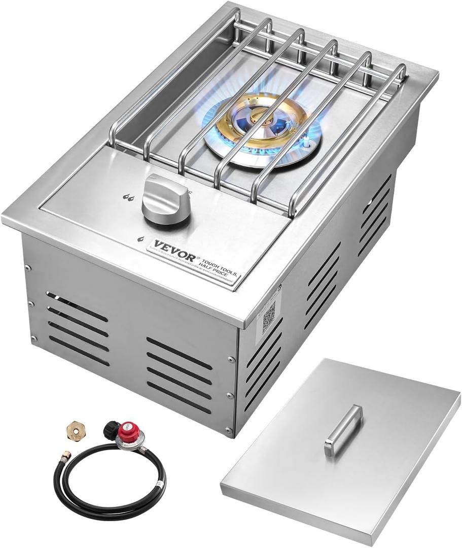 VEVOR Single Grilling Side Burner, 15,000BTU Liquid Propane Side Burner for Outdoor Kitchen, Convertible to Natural Gas, 304 Stainless Steel Built-in Single Grill Burners for BBQ Grill Island
