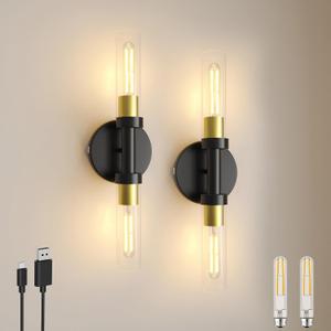 Rechargeable Battery Operated Wall Sconce Set of 2, Dimmable Wall Light with Touch Control, Wireless Bathroom Vanity Lights Over Mirror, Modern Wall Lamp for Living Room Hallway, Black Gold