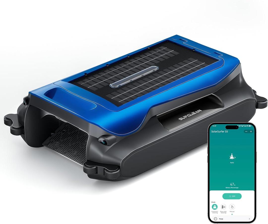 24/7 Solar Powered Automatic Electric Pool Skimmer Robot with APP Support Floating Surface Cleaner for Above Inground Pool,Auto Robotic Pool Skimmer with Efficient Solar Breeze(Blue)