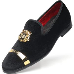 Men's Loafers Velvet Gold Buckle Fashion Handmade Party Wedding Prom Shoes (9, Black), 42