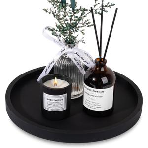 Silicone Bathroom Tray Round Vanity Tray Decorative Soap Holder Kitchen Countertop Organizer Coffee Table Decor for Candle, Perfume, Plant, 9 Inch, Black