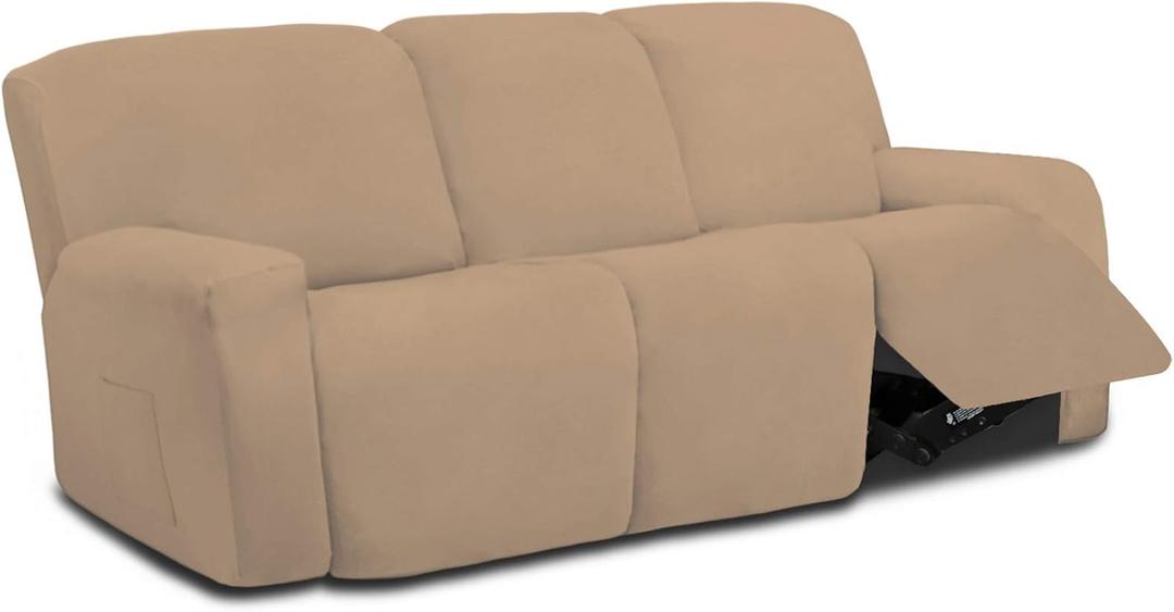 Easy-Going 8 Pieces Microfiber Stretch Sectional Recliner Sofa Slipcover Soft Fitted Fleece 3 Seats Couch Cover Washable Furniture Protector with Elasticity for Kids Pet, (Recliner Sofa, Camel)