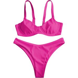 ZAFUL Women's Ribbed Underwire Bikini Set High Cut Colorblock V Notch Swimwear Printed High Leg Swimsuit (6_hot Pink) S