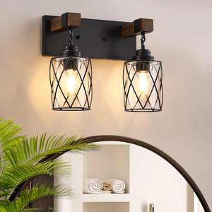 Farmhouse Bathroom Light Fixtures, 2 Light Bathroom Vanity Light with Metal and Glass Lampshade, Wood Rustic Lighting Fixtures Over Mirror, Black Wall Sconces for Living Room, Bedroom