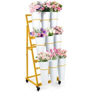 3FT Flower Display Stand with 9 Buckets,Metal Flower Bar Stand with Wheels,3 Layers Moving Florist Bouquet Shelf for Indoor Outdoor Garden,Flower Shop,Wedding,Party Decor (GOLD)