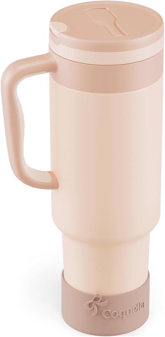 40 oz Insulated Tumbler with Handle and Push-Button Straw Lid, Stainless Steel Travel Cup for Gym Office, Leakproof, BPA-Free, Cup Holder Friendly, Bow Silicone Boot, Beige (Cream Latte) 