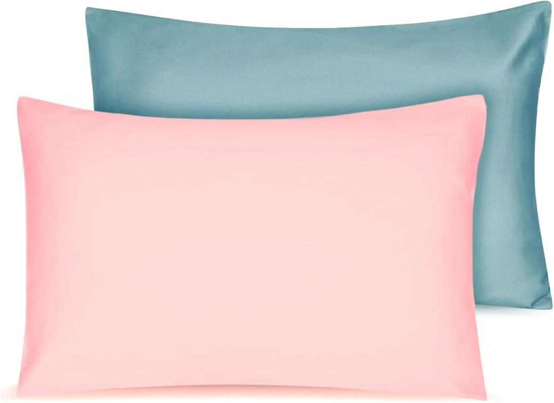 Soft Organic Cotton Toddler Pillowcases 14 X 20 Inches, Fit 13 X 18, 14 X 19 Pillows, Smooth Pearl Cotton Baby Pillowcases with Envelope Closure, Pink and Sterling Blue, Set of 2