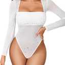 Avidlove Women's Trendy Sexy Square Neck Long Sleeve Rhinestone Sheer Mesh Bodysuits Tops (Medium, White)
