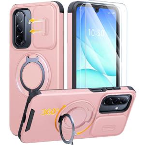 JAME for Samsung Galaxy A17/A16 5G Case, Ring Holder Stand, Slide Camera Cover, 2 Pack Screen Protectors, Dual-Layer Shockproof Protective, Magnetic Accessory Friendly Galaxy A16/A17 4G Case, Pink