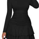 PRETTYGARDEN Womens Spring Long Sleeve Dresses 2026 Mock Neck Ruched Y2K Clothes Ruffle Layered Bodycon Mini Party Dress (Medium, Black)