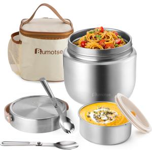 40oz Insulated Food Jar with 2 Compartments, Leak-Proof Thermo for Hot Food Wide Mouth Stainless Steel Includes Spoon and Fork Soup Thermo Lunch Containers Bento Box for Adults, Silver