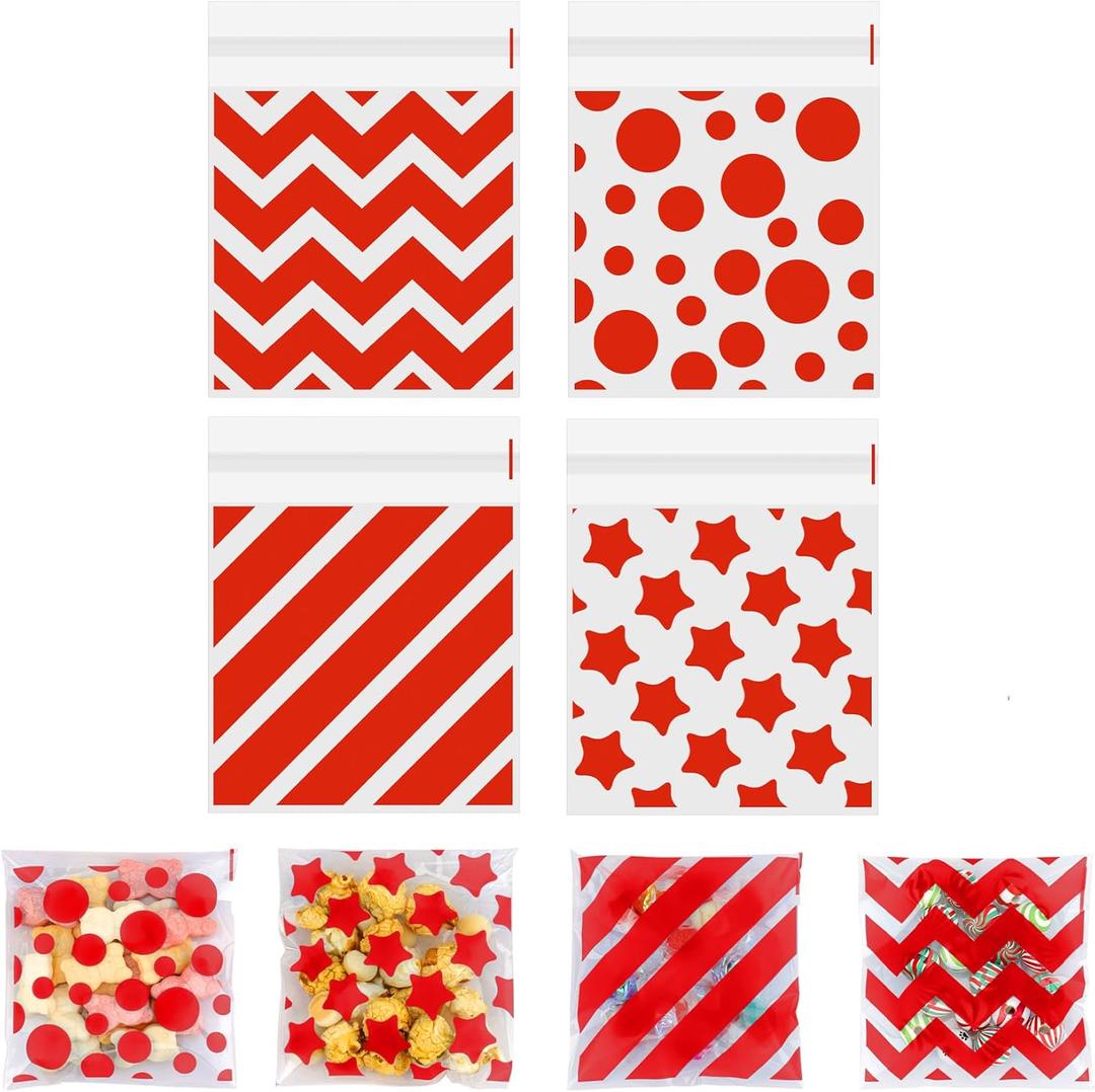 Valentines Cellophane Treat bags(4x4 Inch) 100 PCS Red Polka Dots Star Stripe Self Sealing Cookie Treat Snack Goodie Candy Goody Gifts Bags for Graduation Birthday Valentines Party Favors Supplies Wrap