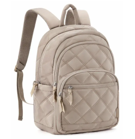 BAGSMART Travel Laptop Backpack, College Backpack for Women, Quilted Small Computer Bookbag, Water-Resistant 15.6 Inch Laptop Casual Bag, Beige