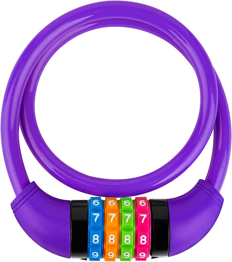 Bike Lock Cable, Bicycle Cable Lock with 4 Digit Combination & Large Lock Head, Resettable Kids Bike Cable Lock, 2 Ft x 1/2 IN, Lock for Bike, Scooter, Skateboard, motorcycle, E Bike (Purple)