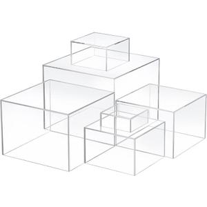 Geelin 6 Pack Acrylic Risers for Display Acrylic Cube Boxes Risers Display Stands with Hollow Bottoms Decorative Stand for Jewelry Candy Table Decor 6 Sizes(Clear,3 to 8 Inch, Square)