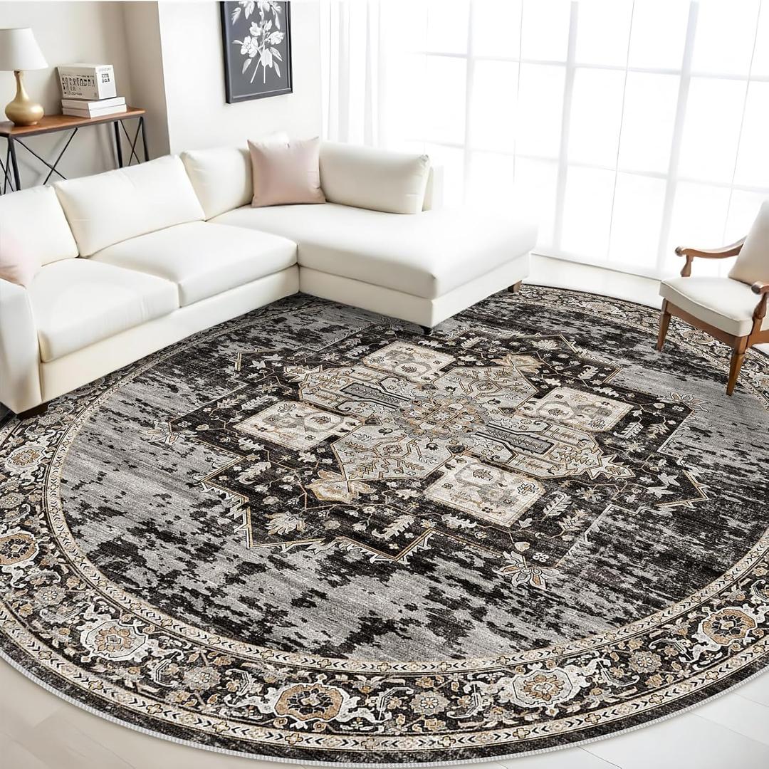 RUUGME Washable 9ft Round Rug - Large Boho Rugs for Living Room Stain Resistant Carpet Vintage Tribal Rugs for Bedroom Kitchen Dining Room with Non Slip Backing Decor Floor Mat 9ft Black