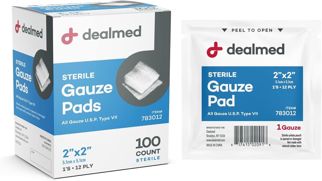 Dealmed 2 x 2 Sterile Gauze Pads (100 Count) Disposable and Individually Wrapped Medical Gauze Pads, Wound Care Product for First Aid Kit and Medical Facilities (Pack of 1)