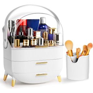 Haturi Makeup Organizer, Skincare Organizers w/Brush Holder, Cosmetics Organizer with Drawers, Waterproof & Dustproof Makeup Organizer for Vanity, Preppy Skin Care for Bathroom, Dresser, Countertop