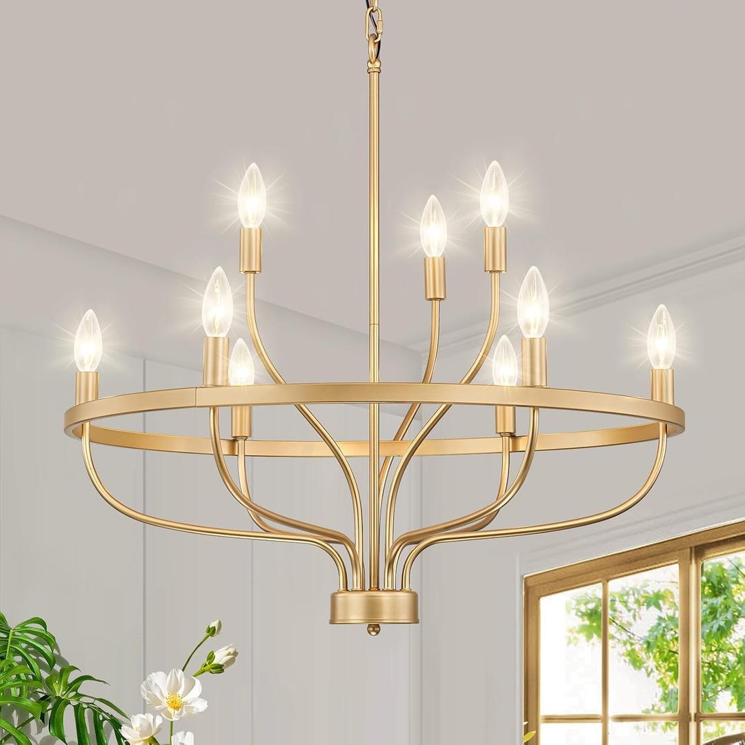 9-Light Gold Chandelier, Candle Chandeliers for Dining Room, Vintage Farmhouse Chandelier Light Fixture for Entryway, Bedroom, Foyer and Living Room