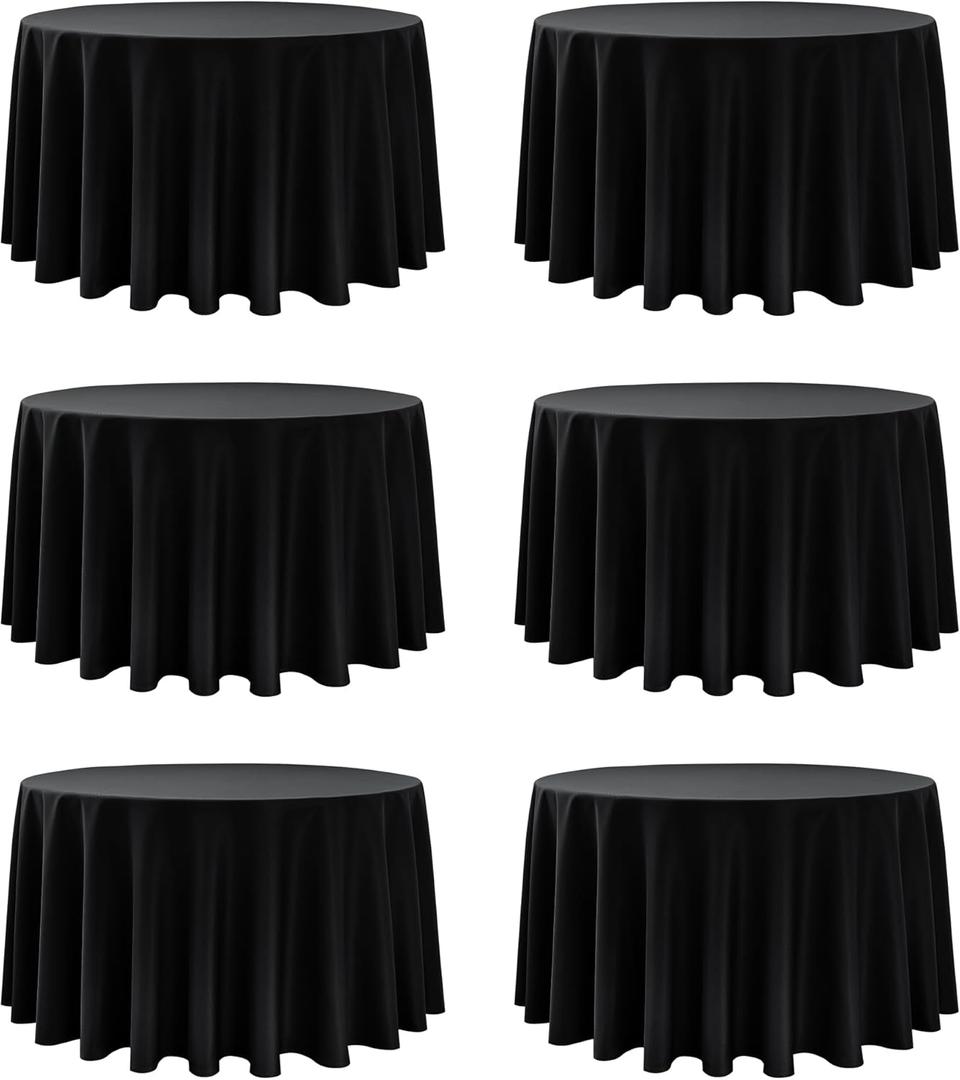 6-Pack Black Round Tablecloths, 120 Inches, Stain-Resistant Polyester for 5-6 Ft Round Tables - Washable Table Covers for Weddings, Banquets, Birthday Parties, Events