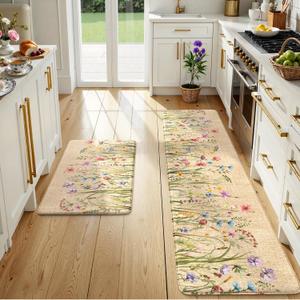 KIMODE Kitchen Anti Fatigue Mats, Farmhouse Flower Kitchen Rugs Sets of 2, Memory Foam Kitchen Mats for Floor, Waterproof Non Skid Standing Mats for Sink Laundry Office Desk Brown 20"x71"+20"x32"