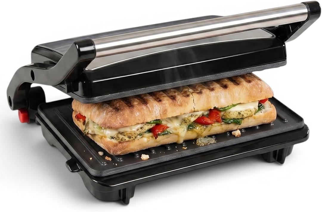 Alpha Living Electric Griddle Panini Press Sandwich Maker Stainless Steel Panini Grill Press Sandwich Maker with Aluminum Griddle Non-Stick Coating 180-Degree Hinge for Thick and Thin Foods