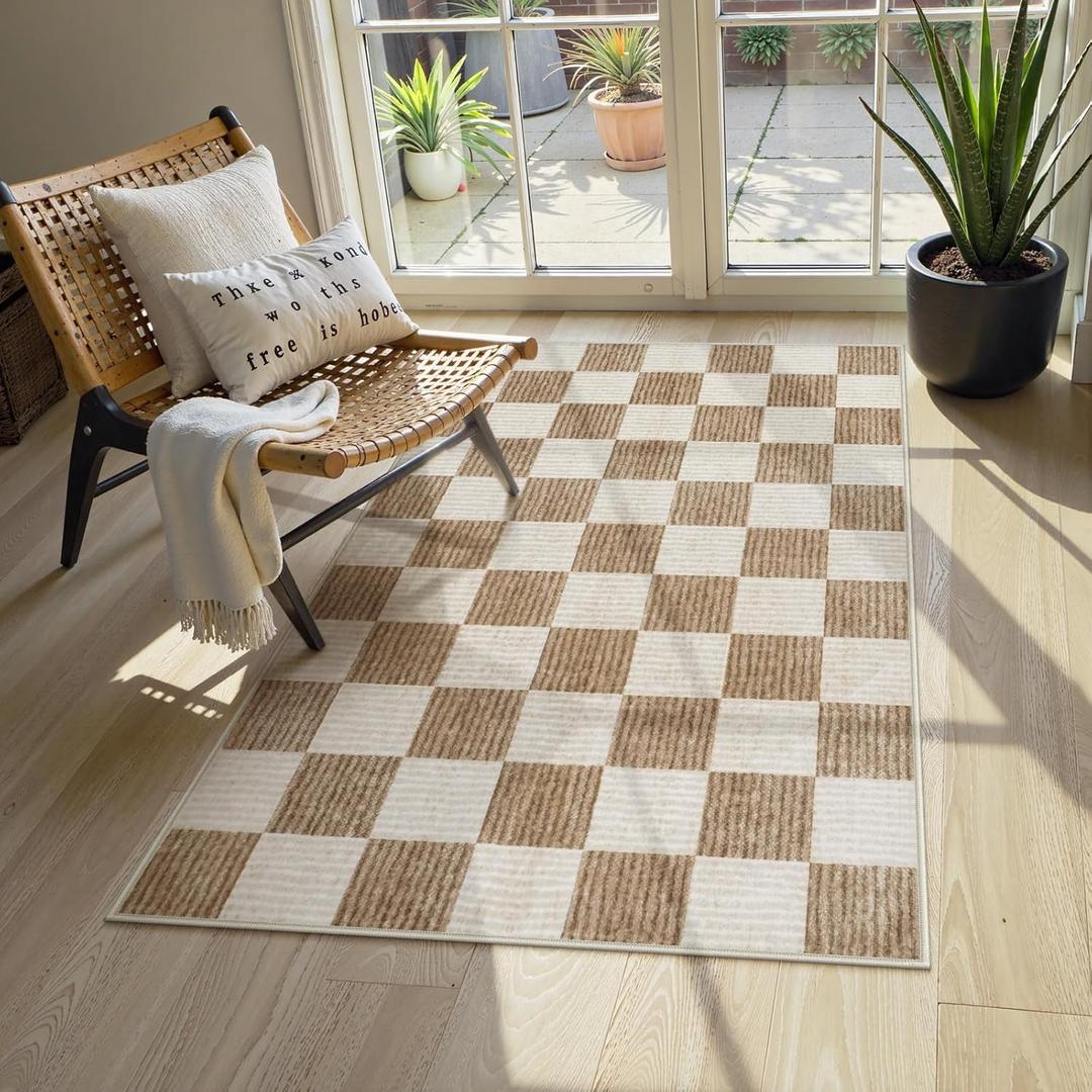 LIVEBOX 3x5 Washable Area Rug Checkered, Non-Slip Small Entryway Rug Brown Farmhouse Neutral Classic Geometric Boys Rug for Bedroom Room Low-Pile Carpet for Indoor Kitchen Bathroom(Brown 3'x5')