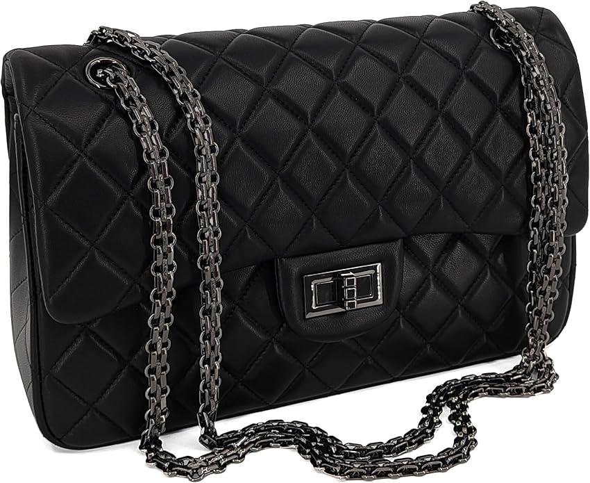 M-ioi-M Quilted Leather Crossbody Bags for Women,Soft Lambskin Adjustable Double Chain Strap Shoulder Bag,Designer Flap Purse