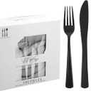 WDF 180 Pieces Black Plastic Silverware - Plastic Silverware Set Include 60 Forks, 60 Knives, 60 Spoons - Heavy Duty Black Disposable Cutlery - Disposable Utensils for New Year, Wedding