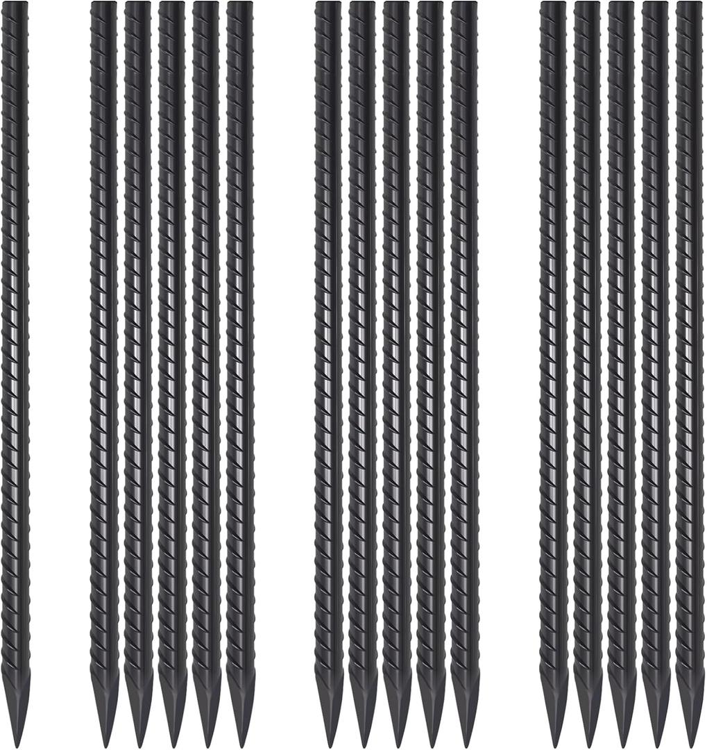 Straight Rebar Stakes 18 Inch 16 Pack Heavy Duty Steel Ground Stakes 1/2 Inch Diameter Landscape Timber Spikes with Chisel Point End for Plant Support, Concrete Form and Fence, Black
