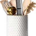 LE TAUCI Utensil Holder, 7.1" Large Ceramic Kitchen Utensil Holder for Countertop - Embossed Cooking Utensil Crock for Spatula & Spoon, Farmhouse Countertop Organizer, Arctic White, Clover Design