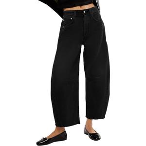 Barrel High Waisted Casual Baggy Trendy Straight Wide Leg Boyfriend Jeans (16, Black)