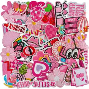 60Pcs Iron on Patches for Girls, Random Pink Assorted Cute Appliques for Clothes, DIY Accessories, Dresses, Hats, Socks, Jeans (Sew On)