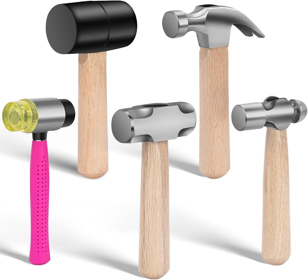 5Pcs Small Hammer Set - 10oz Rubber Mallet Hammer, 18oz Mini Sledge Hammer, 12oz Double-Faced Mallet, 11oz Ball Peen Hammer, 10oz Claw Hammer with Short Wood Handle for Lightweight Home Repair & Craft