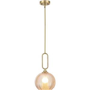 Amber Glass Pendant Light Modern Globe Pendant Lighting Nordic Ribbed Gold Ceiling Hanging Chandelier with Brushed Brass Adjustable Rods Dining Room Kitchen Island Light Fixture