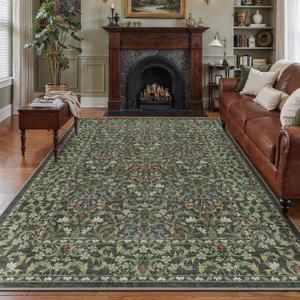 Bavni 6x9 Area Rugs for Living Room, Floral Rug Machine Washable Non Slip, Vintage Boho Forest Carpet, Soft Low Pile Thin Lightweight Rugs for Bedroom, Farmhouse, Dining Room Office, Emerald Green