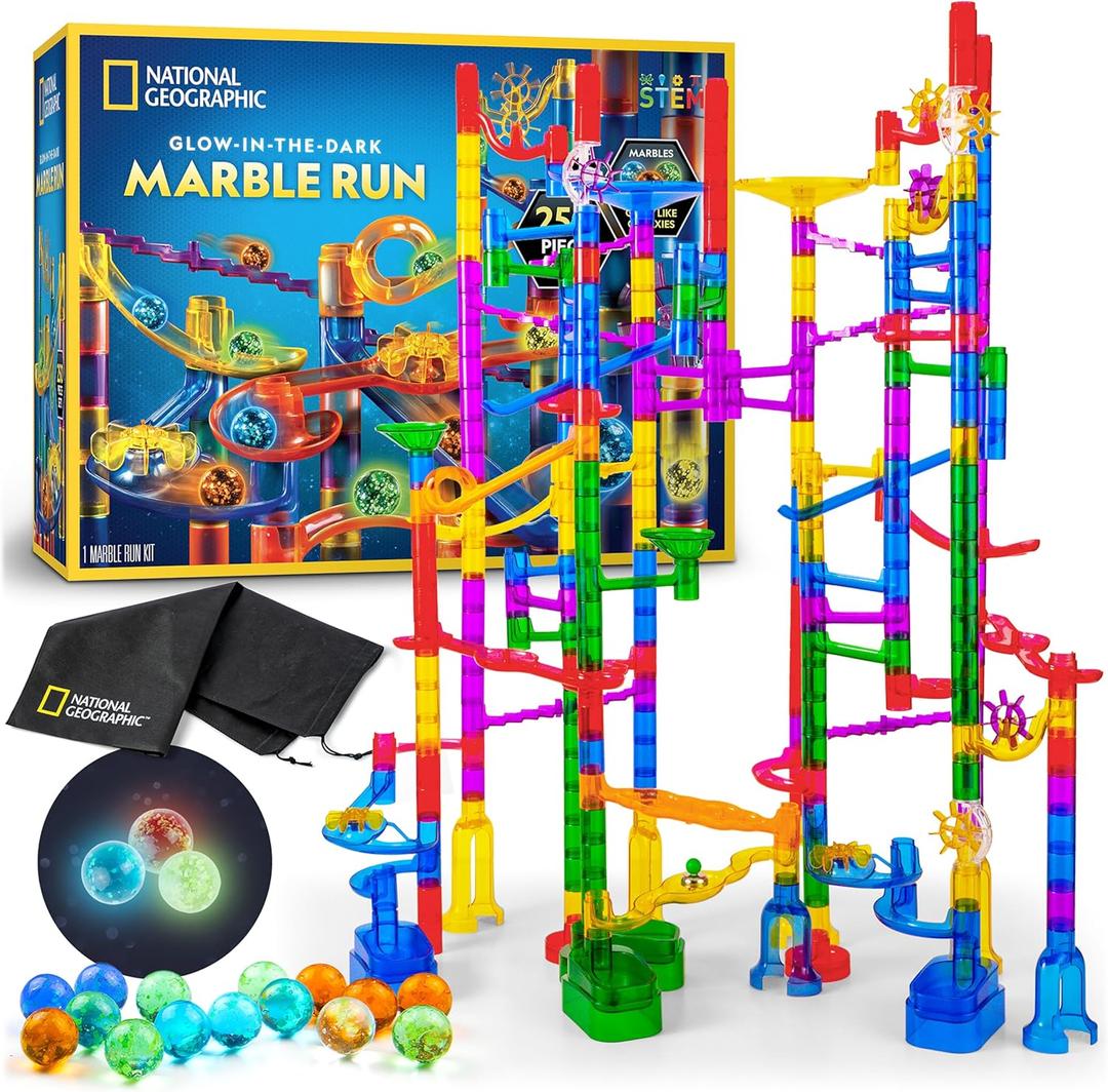 NATIONAL GEOGRAPHIC Glowing Marble Run 250 Piece Construction Set with 50 Glow in The Dark Glass Marbles & Storage Bag, STEM Gifts for Boys and Girls, Building Project Toy 