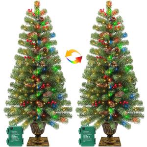 2 Pack 4 Ft Outdoor Potted Christmas Entrance Tree with Timer, 8 Mode 60 LED Dual Color Change Lights, Battery Operated, 140 Branches Tips 15 Pinecone 15 Berries Xmas Tree for Porch Front Door Decor