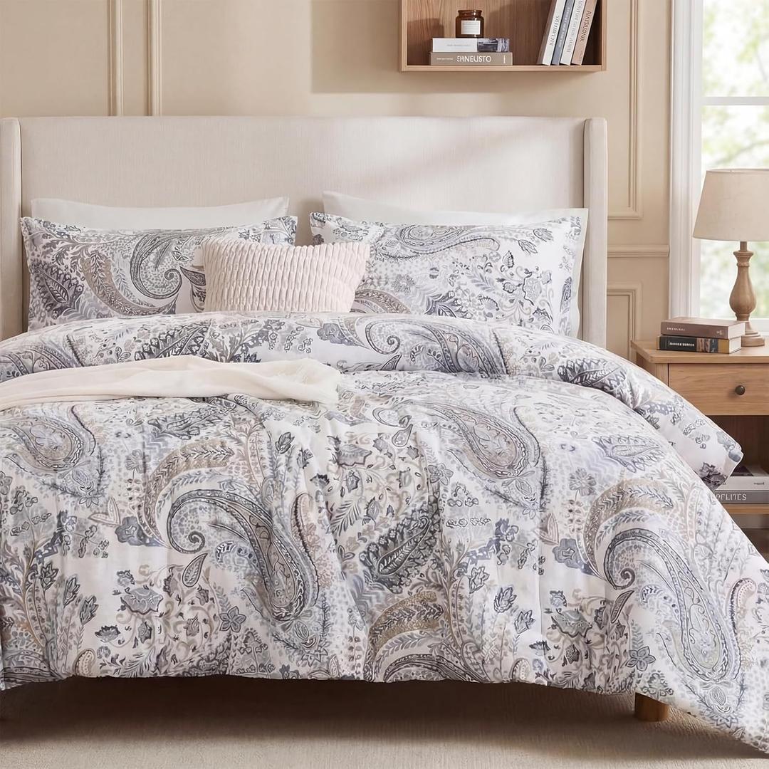 Grey Paisley Duvet Cover King Size 100% Cotton Comforter Covers Soft & Breathable 3 Pcs Luxury Duvet Cover Sets with Zipper Closure All Season