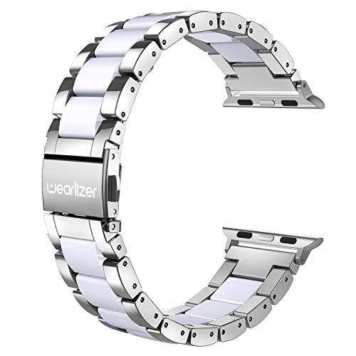 Wearlizer Compatible with Apple Watch Band 42/44/45/46/49mm Fashion Silver Womens Mens， Stainless Steel Strap White Resin Wristband Replacement iWatch Series 11 10 9 8 7 6 5 4 3 SE/Ultra 3 2 1