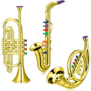 Treela Set of 3 Musical Instruments Saxophone Trumpet and Horn for Beginners 3 Wind and Brass Musical Instruments Combo with Colorful Keys Coded for Boys Girls (Gold)