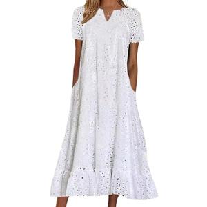 chouyatou Women Summer Ruffle Hem Floral Lace Eyelet Dress Casual Notch Neck Midi Tunic Dress with Pocket, X-large