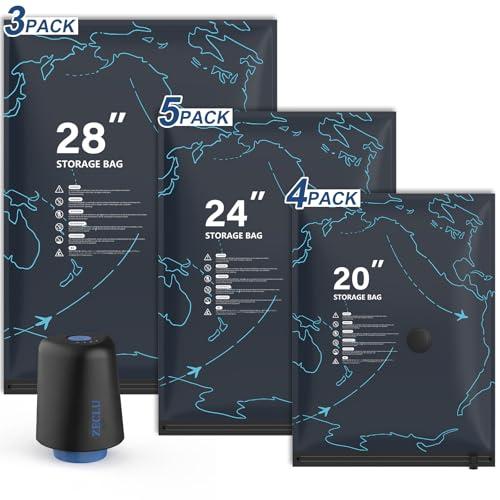 Zeclu 12 Pack Travel Vacuum Storage Bags with USB-C Pump & 0.08mm Anti-Burst Shield - for Luggage, Moving & Dorm Organization, Saves 80% Space, Airtight Double-Zip, 20"/24"/28" Set