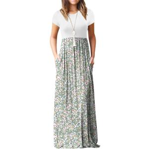 GRECERELLE Women Summer Casual Maxi Long Dress Short Sleeve Crew Neck with Pockets, Size Medium